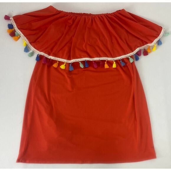 Judith March Mandarin Orange Pom Pom Off Shoulder Top Colorful - Size Medium - Picture 2 of 7